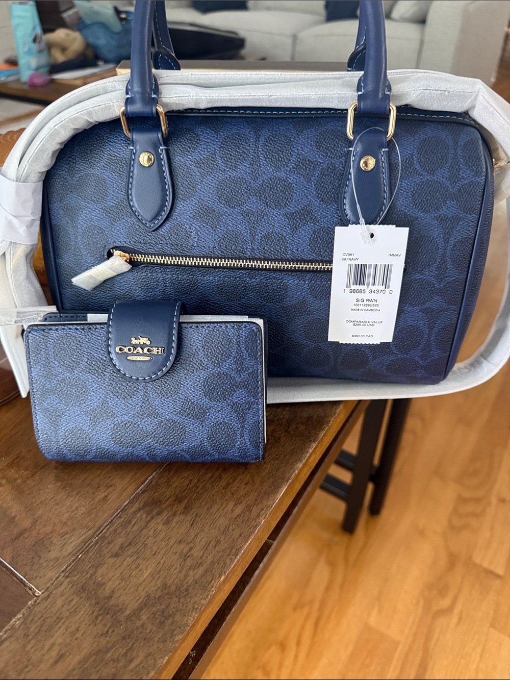 NWT Coach Navy Signature Rowan Medium Satchel and Wallet Set - Picture 2 of 2